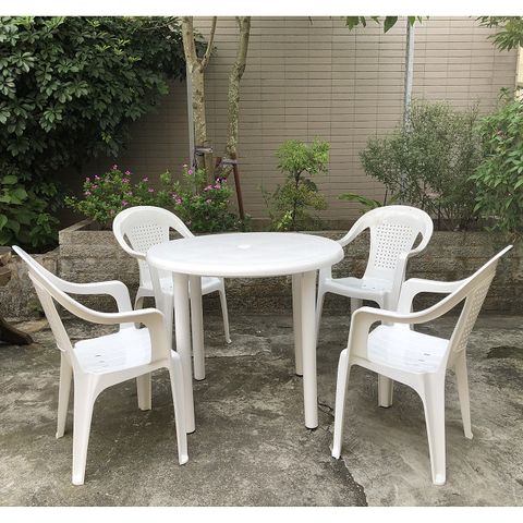 【BROTHER兄弟牌】90cm白色休閒圓桌1張+白色中背休閒椅4張
