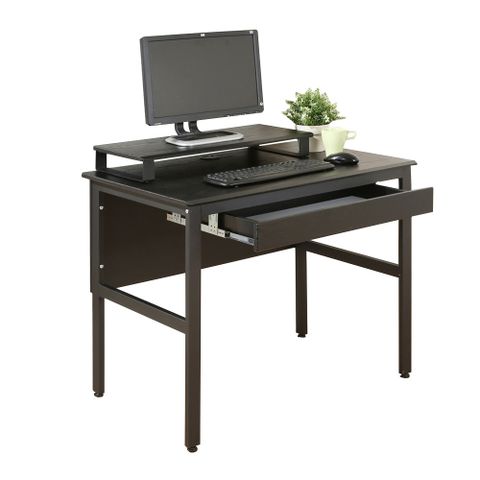 《DFhouse》頂楓90公分電腦辦公桌+一抽+桌上架-黑橡木色