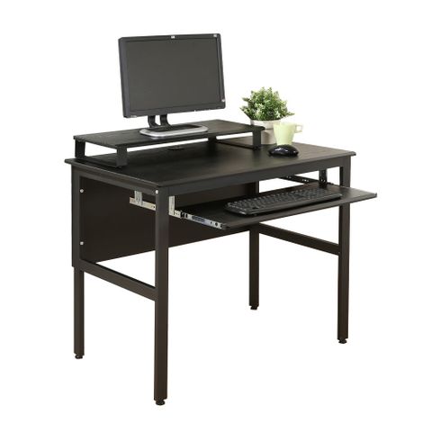 《DFhouse》頂楓90公分電腦辦公桌+一鍵盤+桌上架-黑橡木色