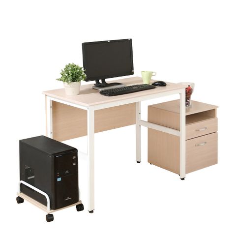 《DFhouse》頂楓90公分電腦辦公桌+主機架+活動櫃-白楓木色