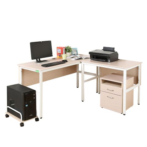 《DFhouse》頂楓150+90公分大L型工作桌+主機架+活動櫃 -楓木色