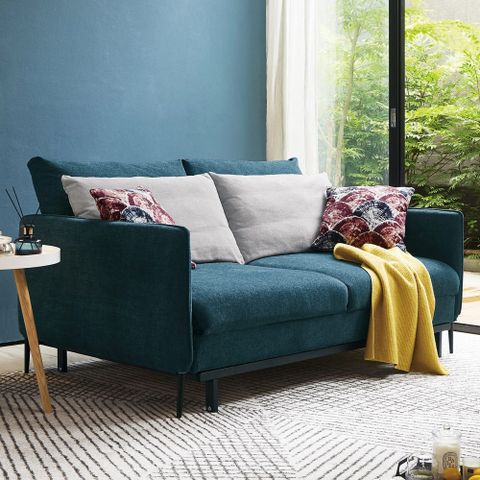 Boden-韋恩藍色布沙發床組/雙人椅/二人座(贈抱枕)
