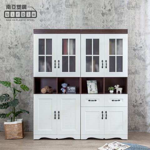 Birdie南亞塑鋼-鄉村歐風5.3尺格子窗線板造型書櫃/展示櫃/收納置物櫃組合(胡桃色+白色)