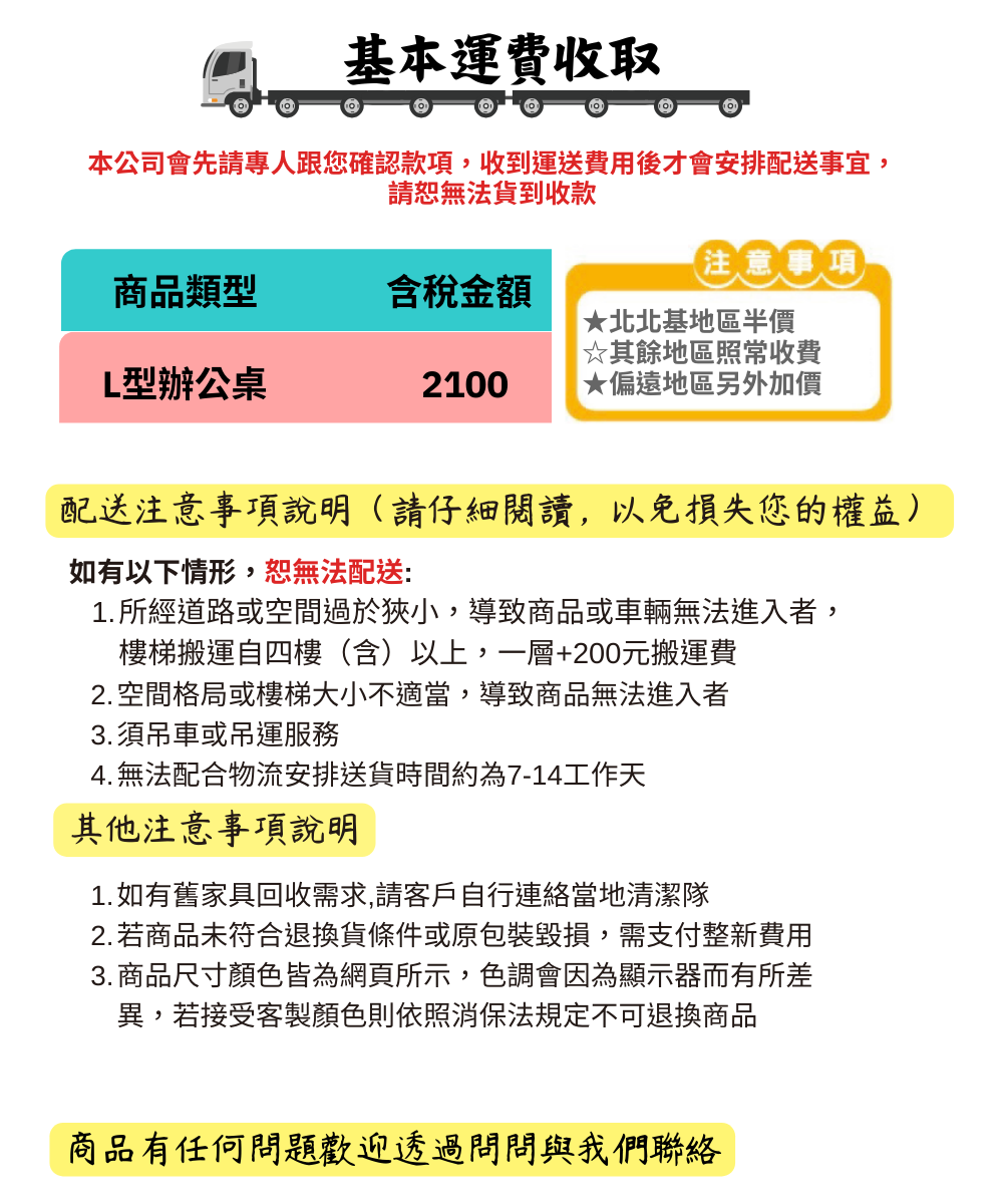 基本運費收取本公司會先請專人跟您確認款項收到運送費用後才會安排配送事宜,請恕無法貨到收款注意事項商品類型含稅金額★北北基地區半價☆其餘地區照常收費L型辦公桌2100★偏遠地區另外加價配送注意事項說明(請仔細閱讀,以免損失您的權益)如有以下情形,恕無法配送:1.所經道路或空間過於狹小,導致商品或車輛無法進入者,樓梯搬運自四樓(含)以上,一層+200元搬運費2. 空間格局或樓梯大小不適當,導致商品無法進入者3.須吊車或吊運服務4. 無法配合物流安排送貨時間約為7-14工作天其他注意事項說明1.如有舊家具回收需求,請客戶自行連絡當地清潔隊2.若商品未符合退換貨條件或原包裝毀損,需支付整新費用3. 商品尺寸顏色皆為網頁所示,色調會因為顯示器而有所差異,若接受客製顏色則依照消保法規定不可退換商品商品有任何問題歡迎透過問問與我們聯絡