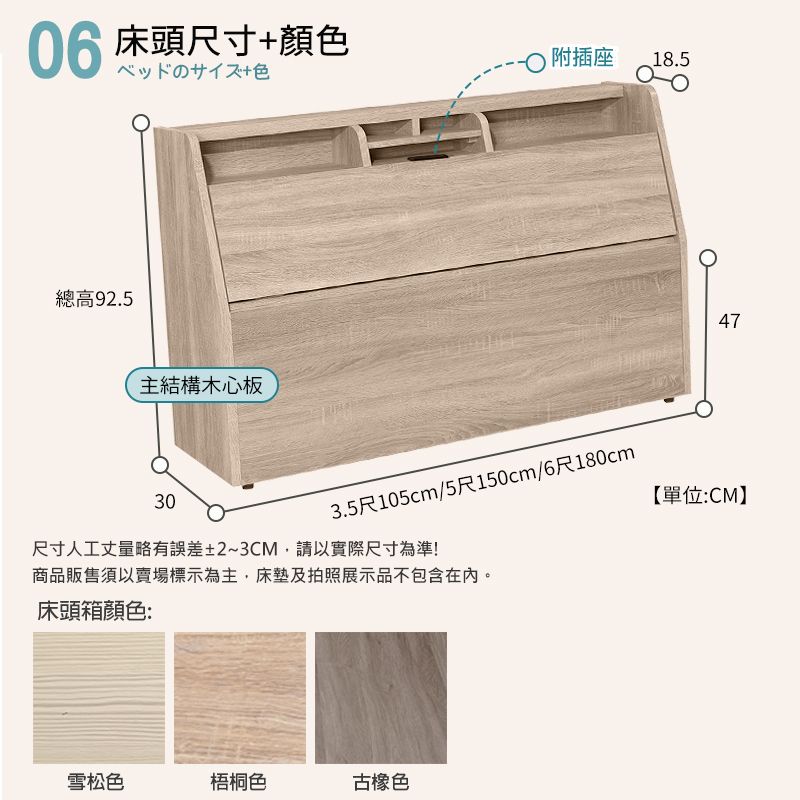 床頭尺寸+顏色ベッドのサイズ+色總高92.5主結構木心板附插座18.547303.5尺105cm/5尺150cm/6尺180cm【單位:CM】尺寸人工丈量略有誤差±2~3CM,請以實際尺寸為準!商品販售須以賣場標示為主,床墊及拍照展示品不包含在內。床頭箱顏色:雪松色梧桐色古橡色