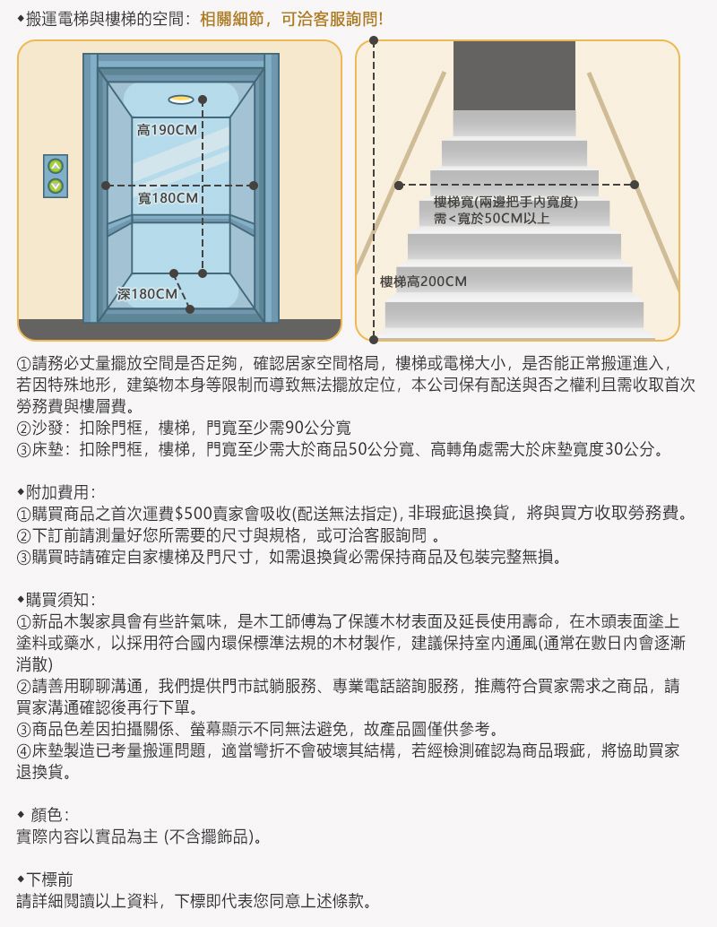 搬運電梯與樓梯的空間:相關細節,可洽客服詢問!高190CM180CMi深180CM樓梯(兩邊把手内度)需<寬於50CM以上樓梯高200CM請務必丈量擺放空間是否足夠,確認居家空間格局,樓梯或電梯大小,是否能正常搬運進入,若因特殊地形,建築物本身等限制而導致無法擺放定位,本公司保有配送與否之權利且需收取首次勞務費與樓層費。②沙發:扣除門框,樓梯,門寬至少需90公分寬③床墊:扣除門框,樓梯,門寬至少需大於商品50公分寬高轉角處需大於床墊寬度30公分。附加費用:購買商品之首次運費0賣家會吸收(配送無法指定),非瑕疵退換貨,將與買方收取勞務費。②下訂前請測量好您所需要的尺寸與規格,或可洽客服詢問。③購買時請確定自家樓梯及門尺寸,如需退換貨必需保持商品及包裝完整無損。購買須知:①新品木製家具會有些許氣味,是木工師傅為了保護木材表面及延長使用壽命,在木頭表面塗上塗料或藥水,以採用符合環保標準法規的木材製作,建議保持通風(通常在數會逐漸消散)②請善用聊聊溝通,我們提供門市試躺服務、專業電話諮詢服務,推薦符合買家需求之商品,請買家溝通確認後再行下單。③商品色差因拍攝關係、螢幕顯示不同無法避免,故產品圖僅供參考。④床墊製造已考量搬運問題,適當彎折不會破壞其結構,若經檢測確認為商品瑕疵,將協助買家退換貨。顏色:實際內容以實品為主(不含擺飾品)。下標前請詳細閱讀以上資料,下標即代表您同意上述條款。