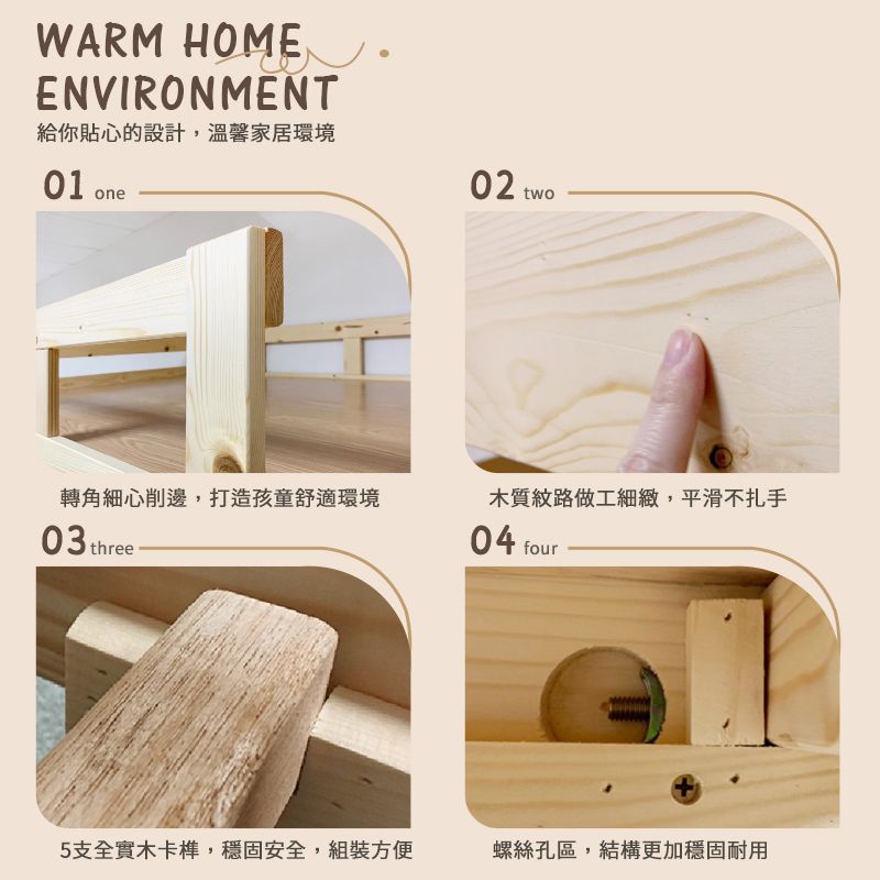 WARM HOMEENVIRONMENT給你貼心的設計,溫馨家居環境01 one02 two轉角細心削邊,打造孩童舒適環境木質紋路做工細緻,平滑不扎手04 03 three5支全實木卡榫,穩固安全,組裝方便螺絲孔區,結構更加穩固耐用