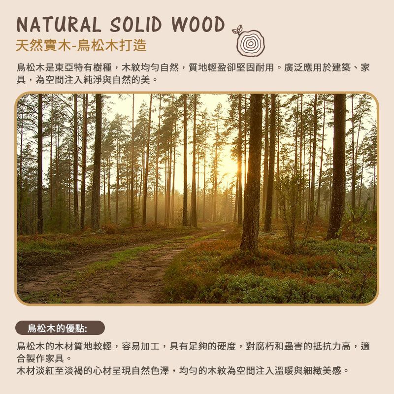 NATURAL SOLID WOOD天然實木-松木打造松木是東亞特有樹種,木紋均勻自然,質地輕盈卻堅固耐用。廣泛應用於建築、家具,為空間注入純淨與自然的美。松木的優點:松木的木材質地較輕,容易加工,具有足夠的硬度,對腐朽和蟲害的抵抗力高,適合製作家具。木材淡紅至淡褐的心材呈現自然色澤,均勻的木紋為空間注入溫暖與細緻美感。