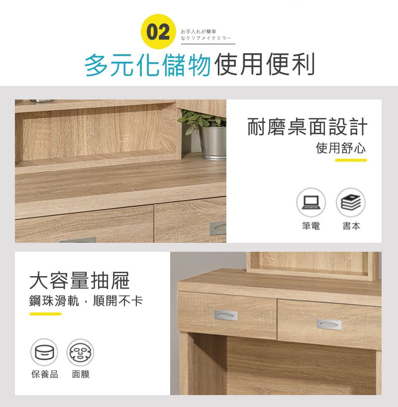 02お手入れが簡単なクリアメイクミラー多元化儲物使用便利耐磨桌面設計大容量抽屜鋼珠滑軌,順開不卡保養品 面膜使用舒心筆電書本