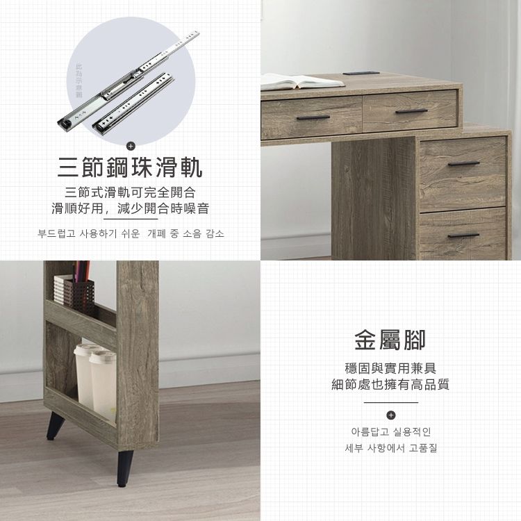 三節鋼珠滑軌三節式滑軌可完全開合滑順好用,減少開合時噪音부드럽고 사용하기 쉬운 개폐 중 소음 감소金屬腳穩固與實用兼具細節處也擁有高品質아름답고 실용적인세부 사항에서 고품질
