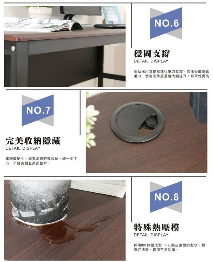 NO.7完美收納隱藏DETAIL DISPLAY電線收納孔,讓電源線輕鬆收納,統一至下方,不僅美觀且桌面整齊。NO.6穩固支撐DETAIL DISPLAY產品採用支撐樑進行重力支撐,均衡分散垂直重力,使產品承重重度大幅提升,可用性更高NO.868特殊熱壓模DETAIL DISPLAY採用MDF熱壓成型,PVC貼皮桌面防潑水,耐磨好清潔,霧面不易刮傷。