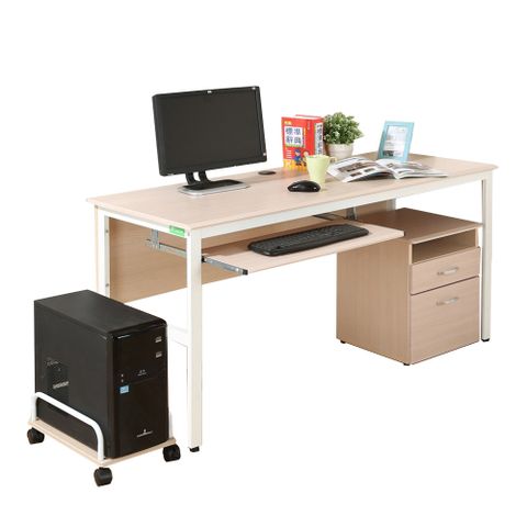 《DFhouse》頂楓150公分電腦辦公桌+一鍵盤+主機架+活動櫃-白楓木色