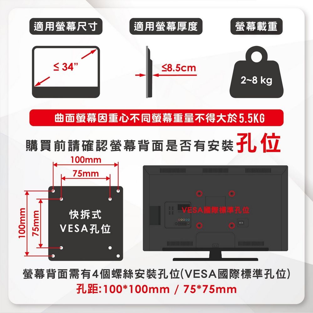 100mm75mm適用螢幕尺寸適用螢幕厚度螢幕載重 34≤8.5cm2~8 kg曲面螢幕因重心不同螢幕重量不得大於5.5KG購買前請確認螢幕背面是否有安裝孔位100mm75mm快拆式 標準孔位VESA孔位螢幕背面需有4個螺絲安裝孔位(VESA國際標準孔位)孔距:100*100mm/75*75mm