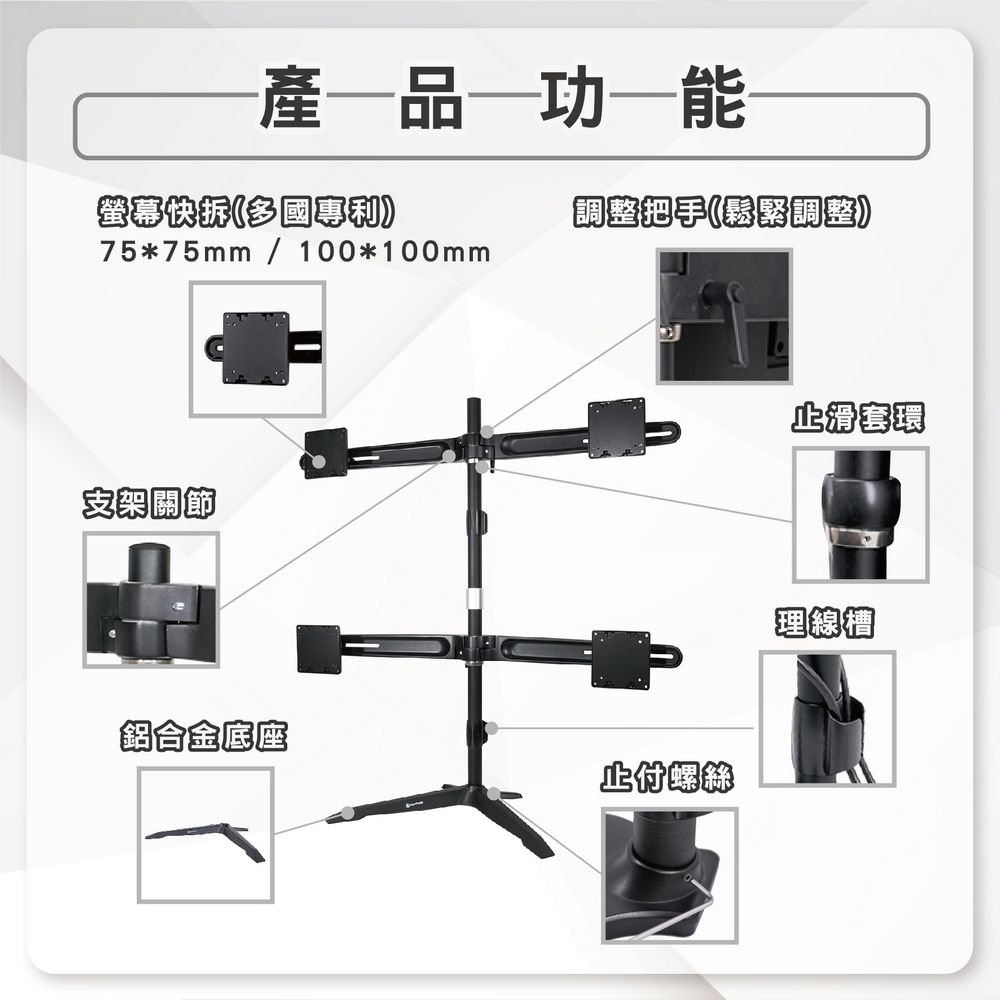 產品—功能螢幕快拆(多國調整把手(鬆緊調整75*75mm/100*100mm支架關節鋁合金止付止滑套環理線槽