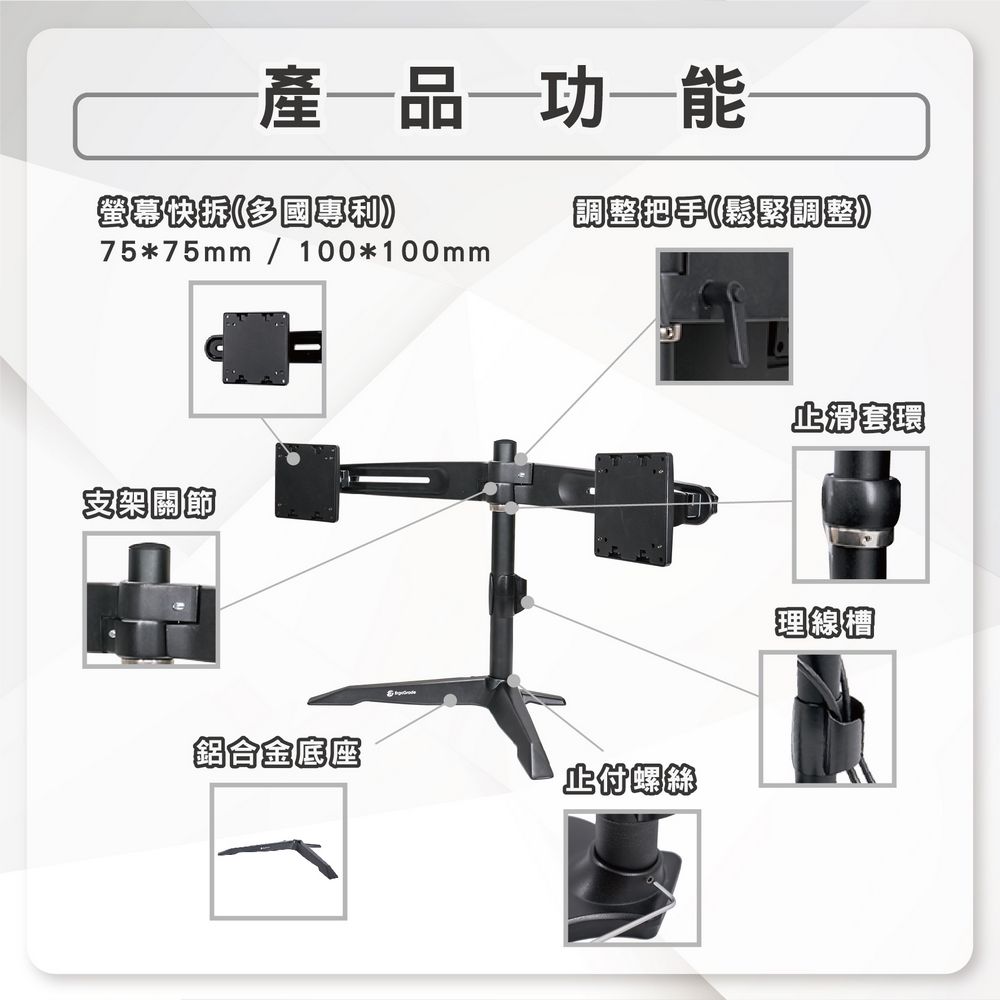 產品功能螢幕快拆(多國調整把手(鬆緊調整75*75mm/100*100mm支架關節鋁合金底座止付螺絲止滑套環理線槽