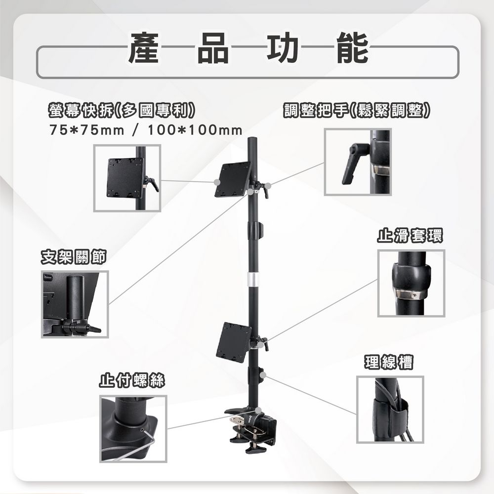 產品螢幕快拆(多國調整把手(鬆緊調整75*75mm / 100*100mm支架關節止滑套環理線槽止付螺絲