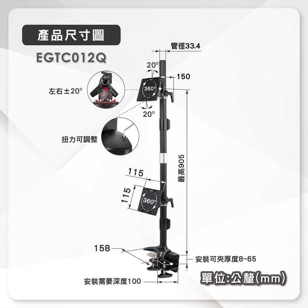 產品尺寸圖EGTC012Q20左右±20360扭力可調整158115安裝需要深度10011536020°最高905 管徑33.4安裝可夾厚度8~65單位:公釐(mm)