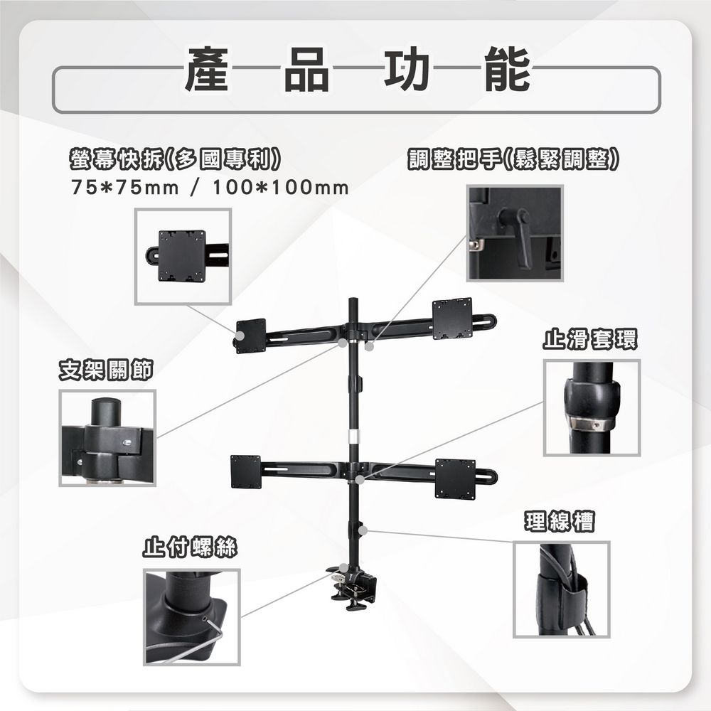 產品功螢幕(多把手(鬆緊調整75*75mm / 100*100mm支架關節止滑套環理線槽止付螺絲