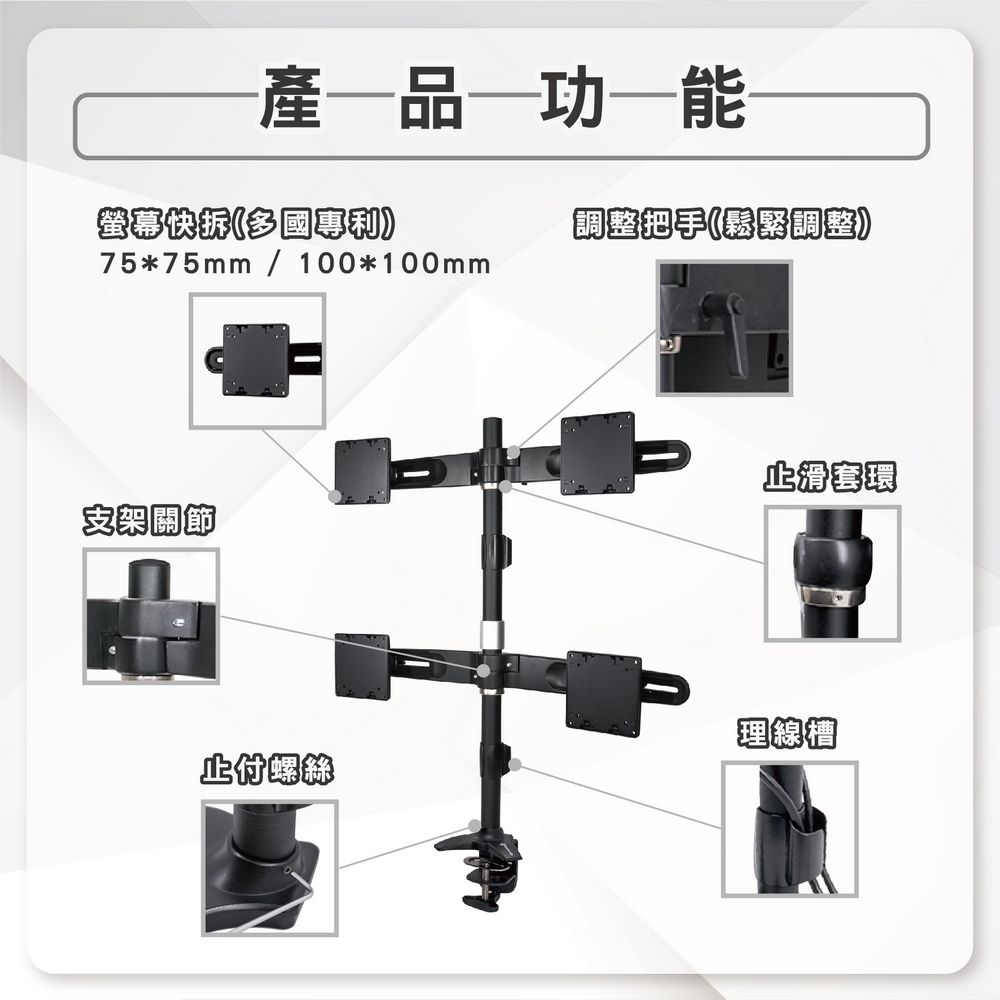 產品功能螢幕(多把手(鬆緊調整75*75mm / 100*100mm支架關節止滑套環理線槽止付螺絲