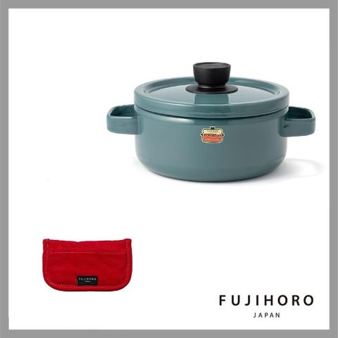 【FUJIHORO 富士琺瑯】20cm雙耳附蓋琺瑯鍋(3.0L)-煙霧藍+隔熱大手套蕃茄紅2入組