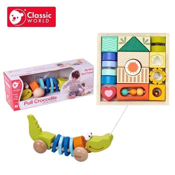 Hape 【南紡購物中心】 【德國 classic world 客來喜超值組】鱷魚手拉車+幼兒趣味探索積木 經典木玩&nbsp;CLA3301.54174&nbsp;