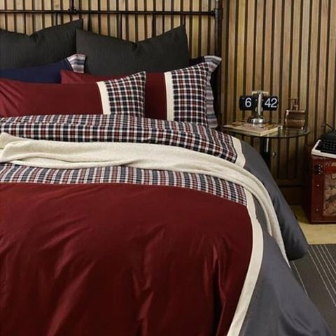【南紡購物中心】 Caliphil寢具 雙人床包被單四件組 / 諾丁漢/ 酒紅色/灰色 / 美國精梳純棉