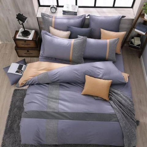 【南紡購物中心】 Caliphil寢具 雙人床包被單四件組 / 舒茲伯利/ 紫灰色 / 300織美國精梳純棉 / 都會時尚風格設計