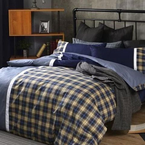 【南紡購物中心】 Caliphil寢具 雙人床包被單四件組 / 曼徹斯特 / 藍 / 美國精梳純棉 / 時尚風格設計