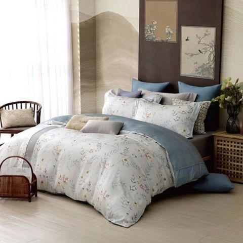 【南紡購物中心】 Caliphil寢具 雙人床包被單四件組 / 茶韻 / 藍色 /100%天絲萊賽爾/台灣製 / 典雅時尚風格設計