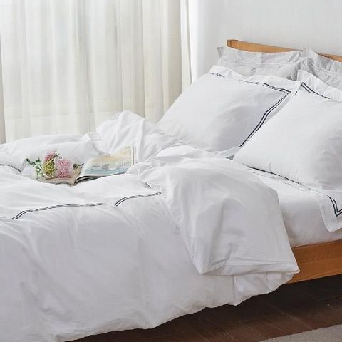 義大利400織長絨棉刺繡雙人床組-(雪瑩白) / 薄被套平單床單組