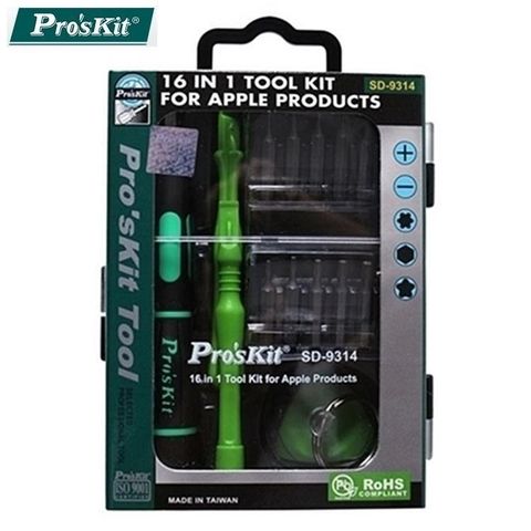 ProsKit 寶工 【南紡購物中心】 台灣製造ProsKit17合1Apple維修修理工具組SD-9314(5梅/6梅/6角起子頭:P2 T4 T5 T6 T8 T10 T15 T20 H2.0mm H1.5mm. 一字/十字.翹棒.三角翹片.透明吸盤.OAL)