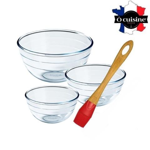 【O cuisine法國】百年工藝耐熱玻璃調理盆3入送油刷