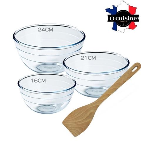 【O cuisine法國】百年工藝耐熱玻璃調理盆3入送油刷