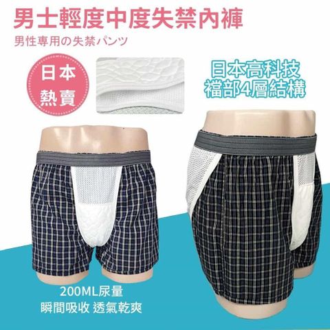 莫內花園 男性純棉失禁內褲200CC日本速吸尿用內褲-格紋紳士款(輕中度尿失禁 布尿布 透氣尿褲)