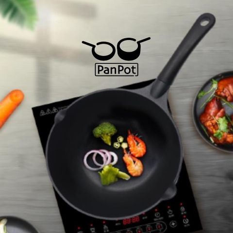 日本PANPOT單柄繽紛不沾鳥嘴炒鍋28CM黑色