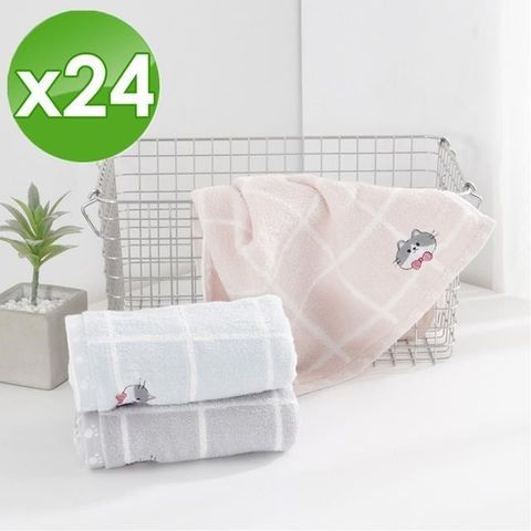 【HKIL-巾專家】日系格子可愛貓咪圖案純棉毛巾-24入組