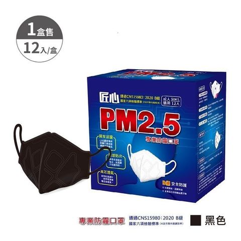 【南紡購物中心】 【匠心】PM2.5 新B級 防霾口罩-成人 L尺寸-12入/盒 (黑色)