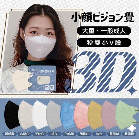 成人3D立體口罩(M/小顏/寬扁耳繩/無鼻樑壓條) 30入/盒 昌明生技 醫療口罩
