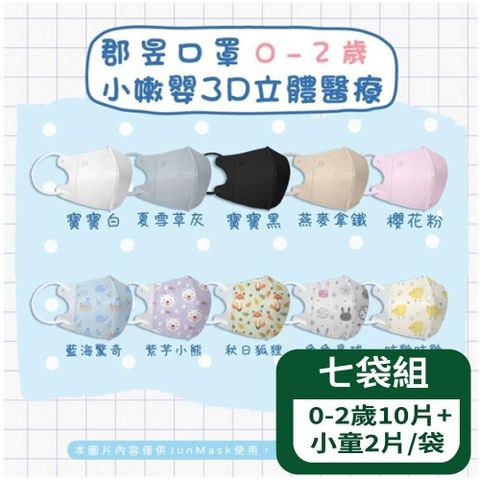 【郡昱Junyu】3D嫩嬰立體醫療口罩(0-2歲)10片裝+小童2片/袋- 7袋組(台灣製造)