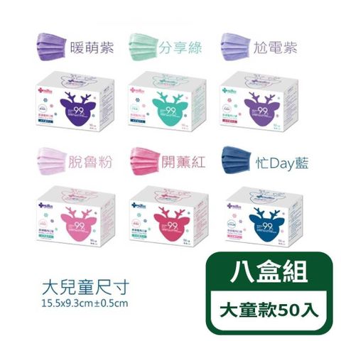 【MEDTECS美德】醫療醫用口罩-大童款；八盒組(六色可選/一盒50入)