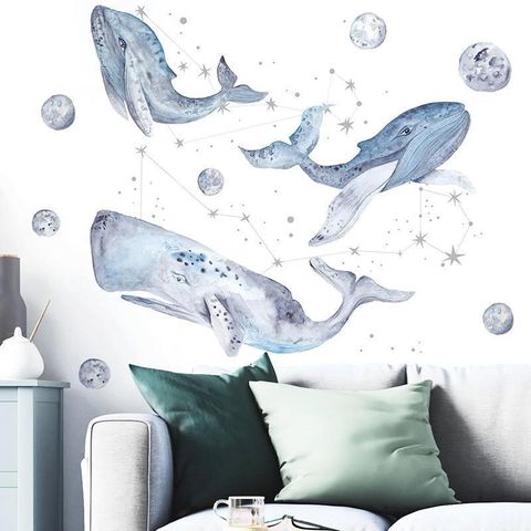 【南紡購物中心】 無痕設計防水壁貼 北歐風 裝飾貼紙 水彩 手繪 夢幻 藍色 鯨魚 星球 37