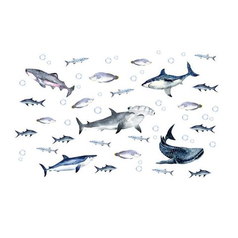無痕設計防水壁貼 北歐風 海底世界 水族館 鯊魚 裝飾貼紙 A50