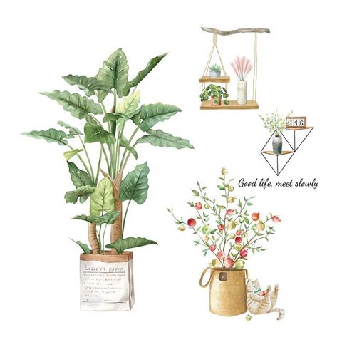 無痕設計防水壁貼 北歐風 蕨葉 觀景植物 盆栽 貓咪 裝飾貼紙 2226