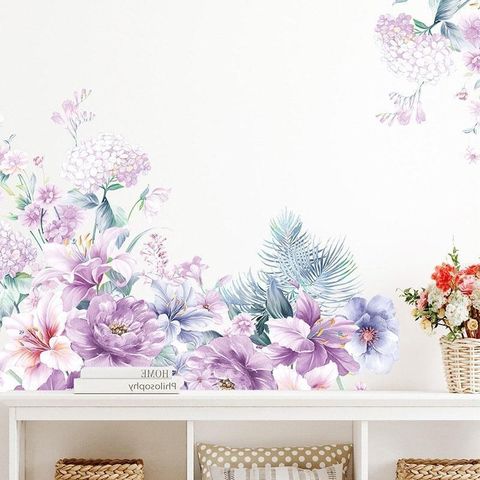 無痕設計防水壁貼 北歐風 夢幻 紫色 浪漫 花草 芙蓉 372