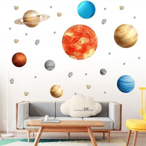 【南紡購物中心】 無痕設計防水壁貼 北歐風 九大行星 星球 宇宙 裝飾貼紙 6772
