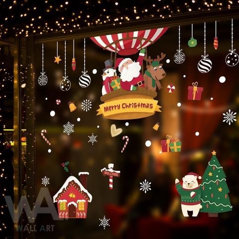 【南紡購物中心】 無痕設計防水壁貼 耶誕 聖誕老人 熱氣球 禮物 薑餅屋 雪人 麋鹿 裝飾貼紙 92035