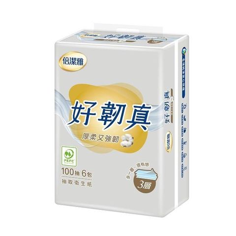 PASEO 倍潔雅 好韌真3層抽取式衛生紙PEFC(100抽/6包/12串/箱)_購買前請先至下方確認配送區域