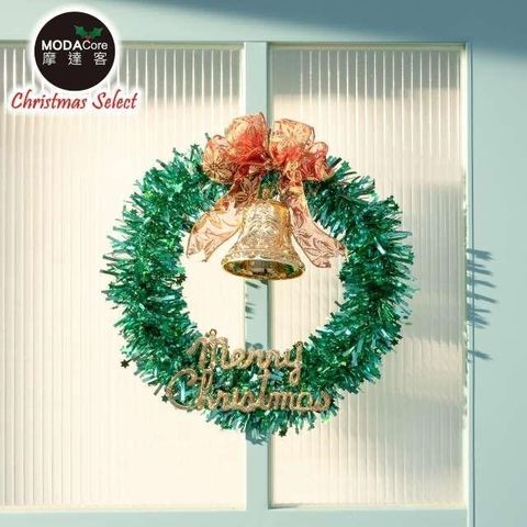 【摩達客耶誕限定】台灣製14吋雙綠金蔥聖誕星星花圈/免組裝本島免運費
