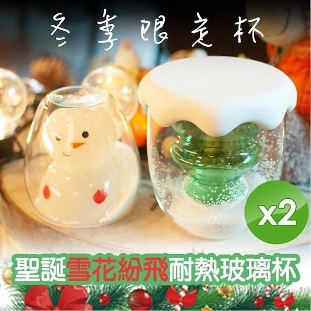  冬季限定雪花紛飛耐熱玻璃杯(無杯蓋款-雪人/聖誕樹兩款任選)x2入