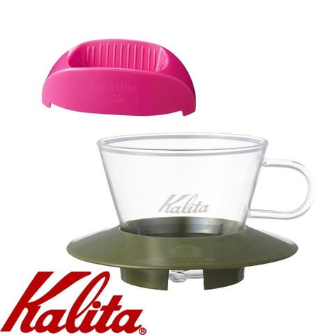 【南紡購物中心】 KALITA 155系列蛋糕型玻璃濾杯(迷彩綠)+隨身咖啡濾杯(櫻桃紅)